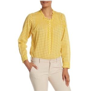 J. Crew Gingham Print Chic Pleated Bib Ruffle Trim Lightweight Blouse